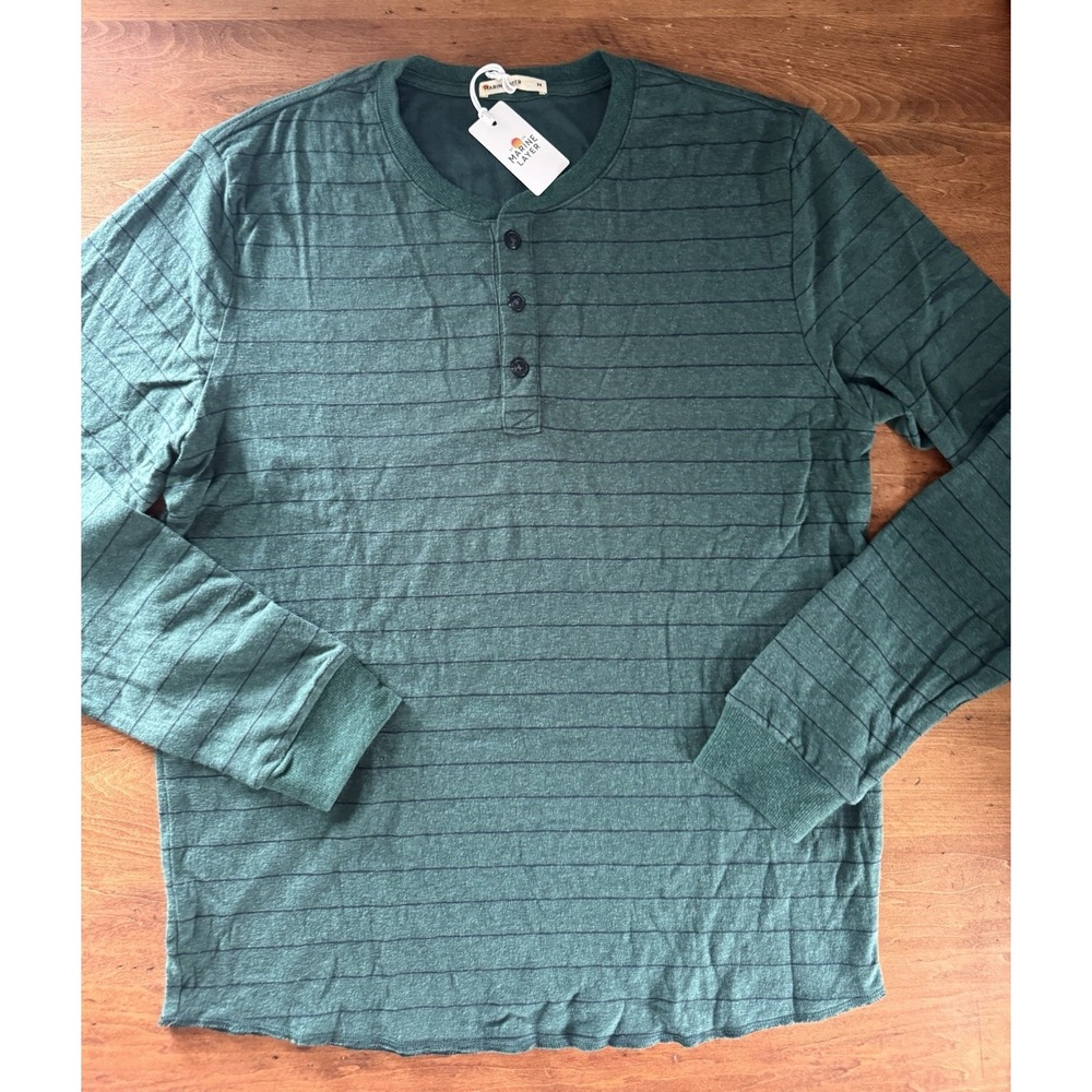 Marine Layer Easy Stripe Henley Shirt Men's M Ponderosa Pine Green NWT